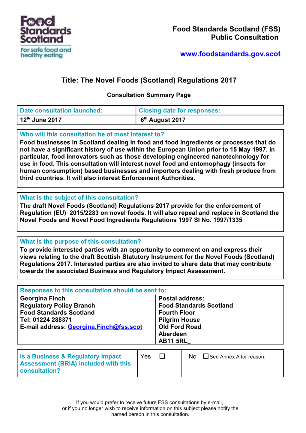 Title: the Novel Foods (Scotland) Regulations 2017