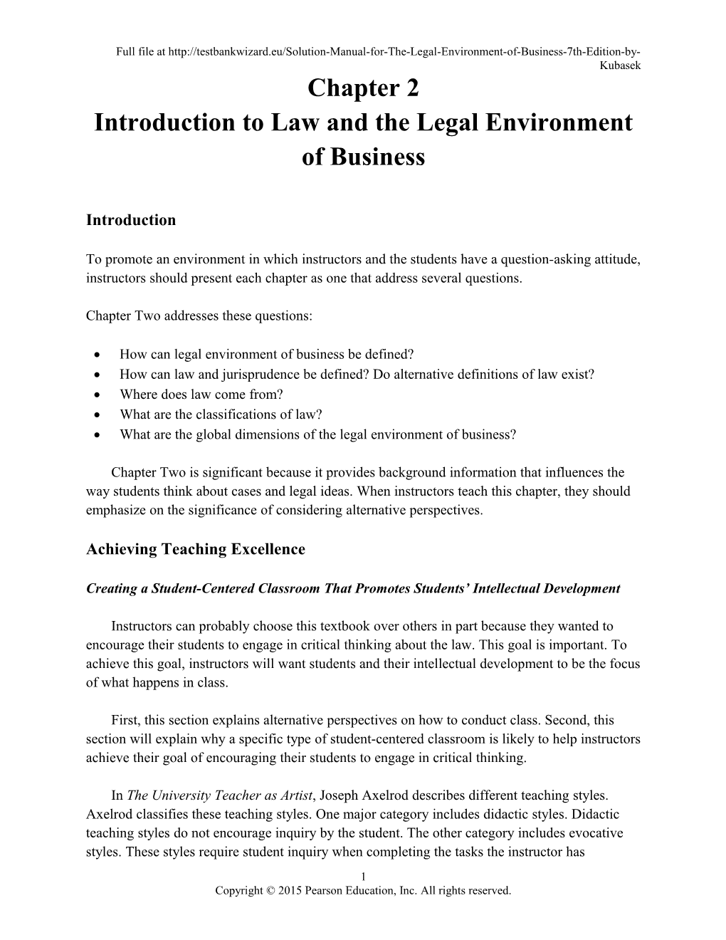 Chapter Two: Introduction to Law and the Legal Environment of Business