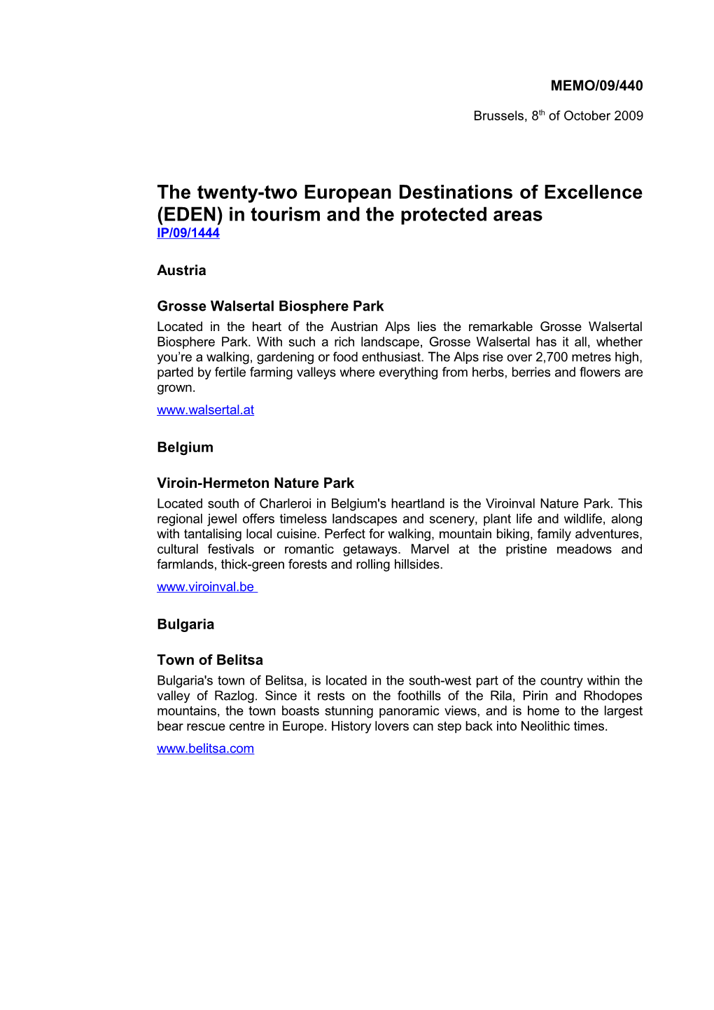 The Twenty-Two European Destinations of Excellence (EDEN) in Tourism and the Protected Areas