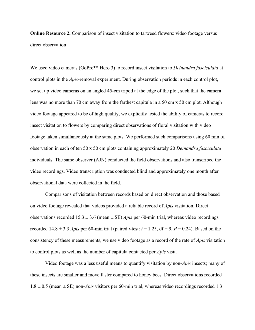 Online Resource 2. Comparison of Insect Visitation to Tarweed Flowers: Video Footage Versus