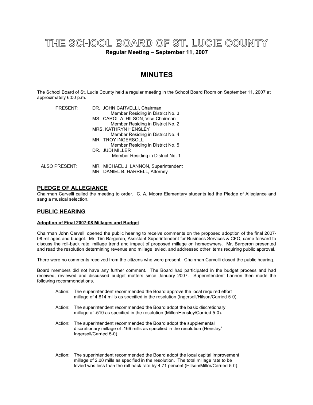 09-11-07 SLCSB Regular Meeting Minutes