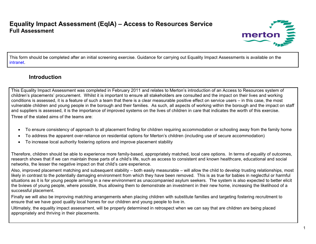 Equality Impact Assessment (Eqia) Access to Resources Service