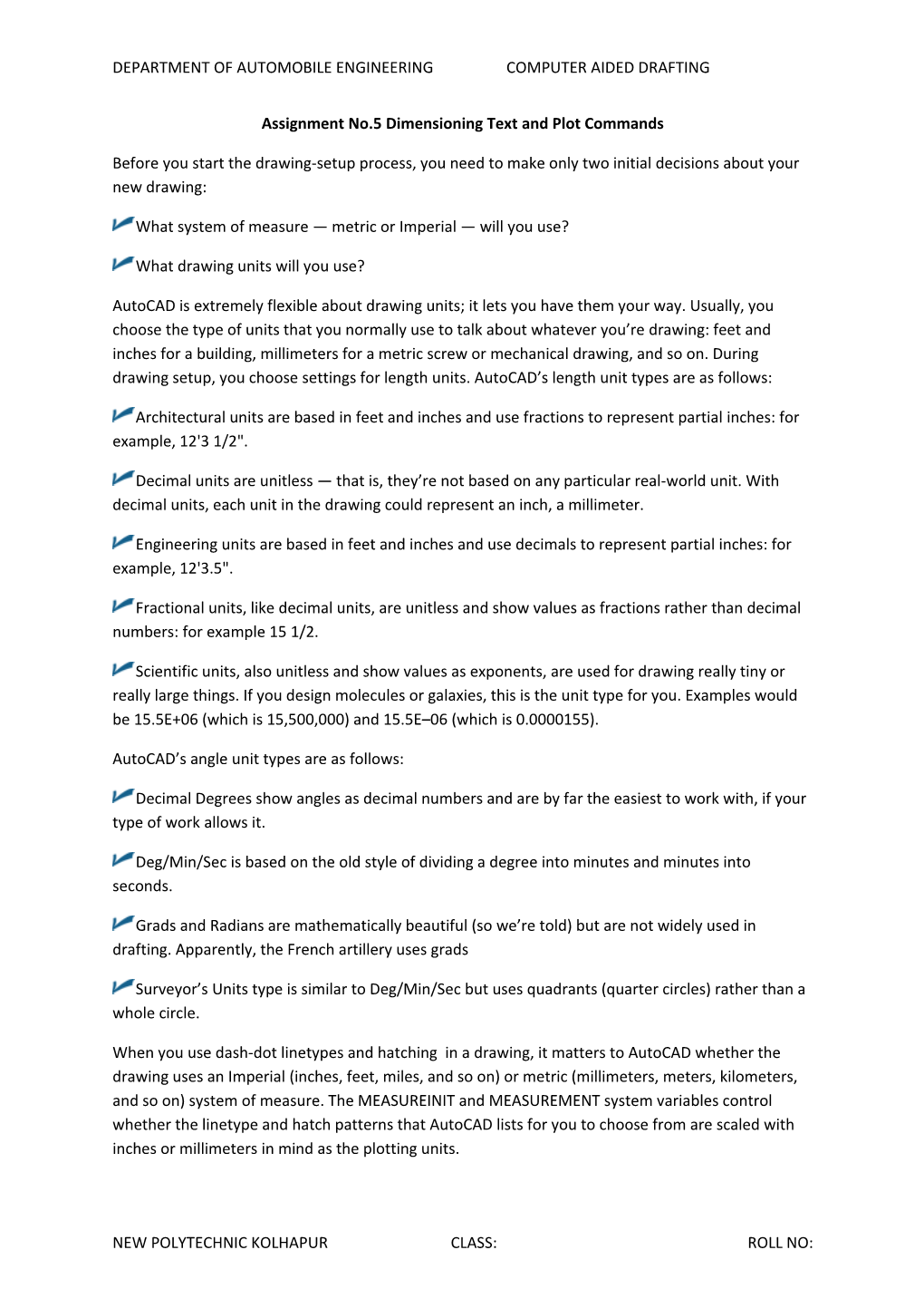 Assignment No.5 Dimensioning Text and Plot Commands