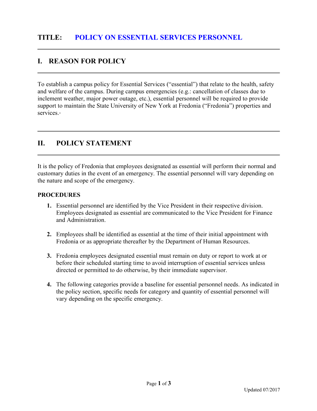 Title:Policy on Essential Services Personnel