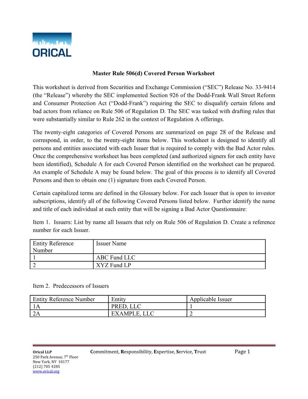 Master Rule 506(D) Covered Person Worksheet