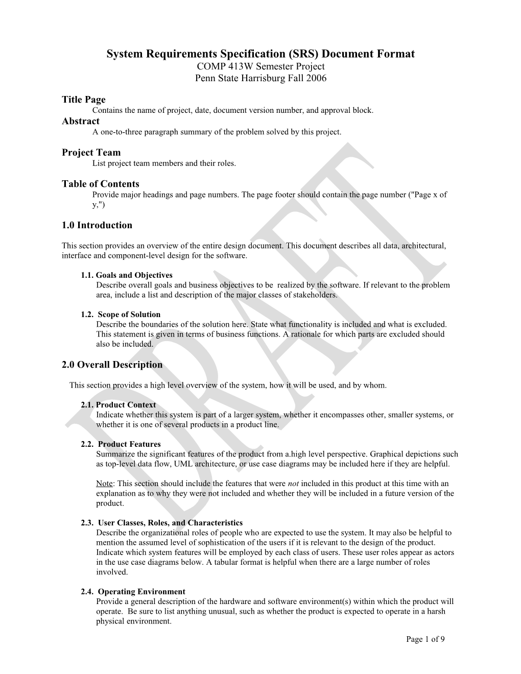 System Requirements Specification (SRS) Document Format