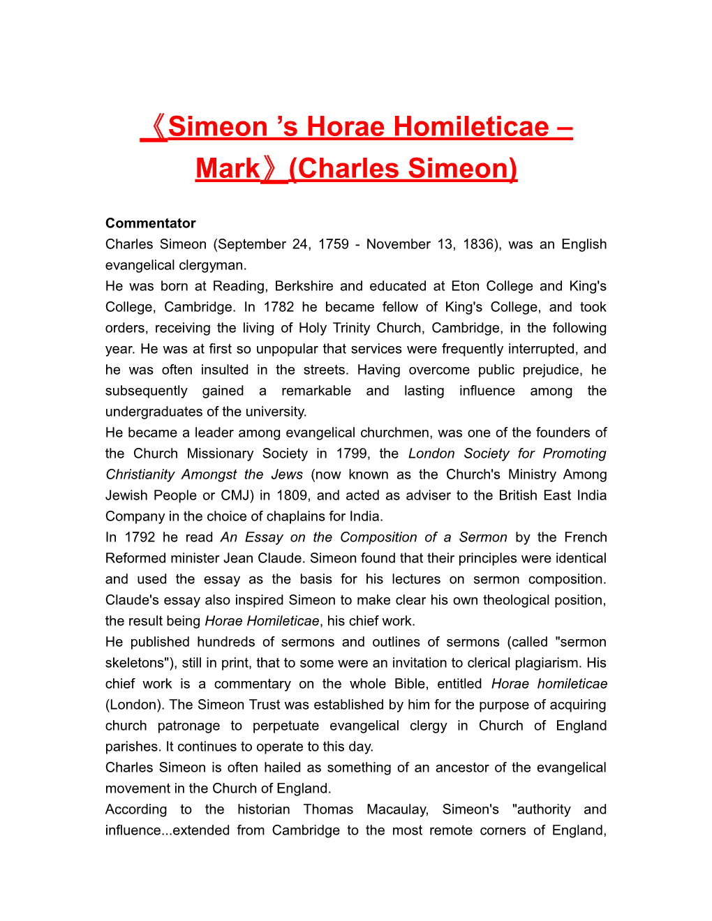 Simeon S Horae Homileticae Mark (Charles Simeon)