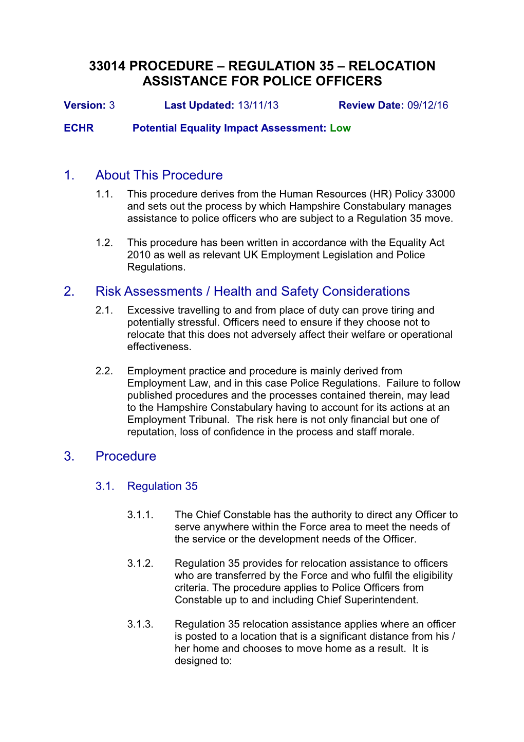 33014 Procedure - Regulation 35 - Relocation Assistance for Police Officers