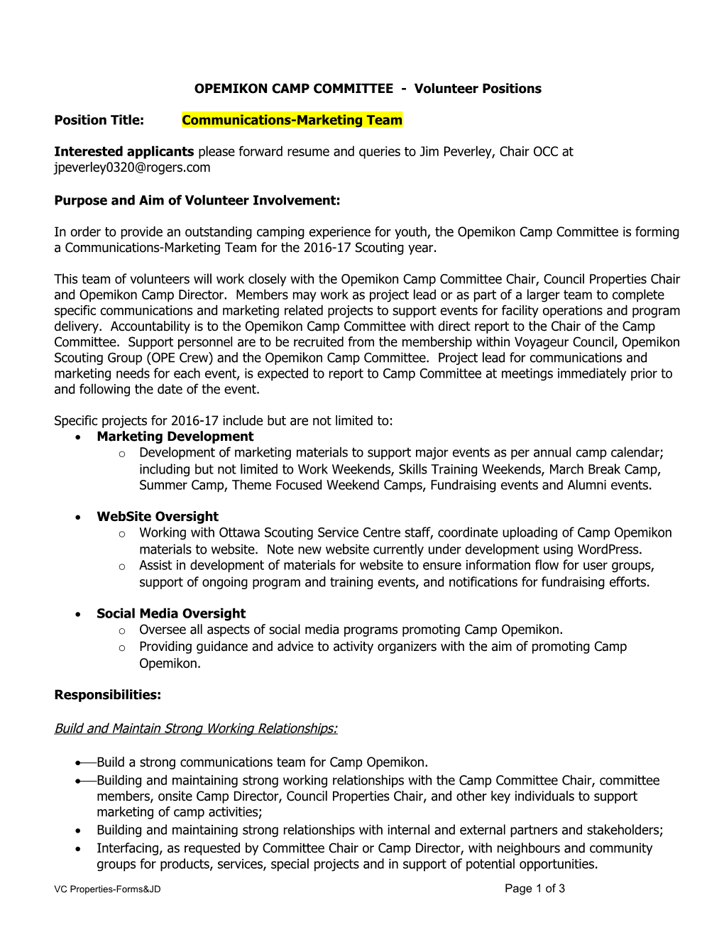 OPEMIKON CAMP COMMITTEE - Volunteer Positions