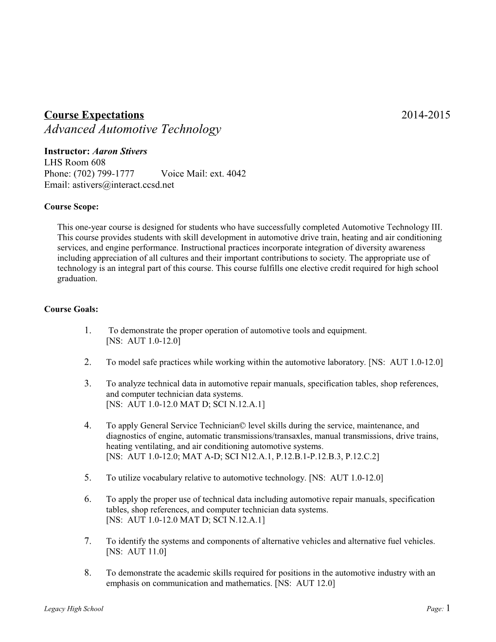 Course Expectations 2014-2015