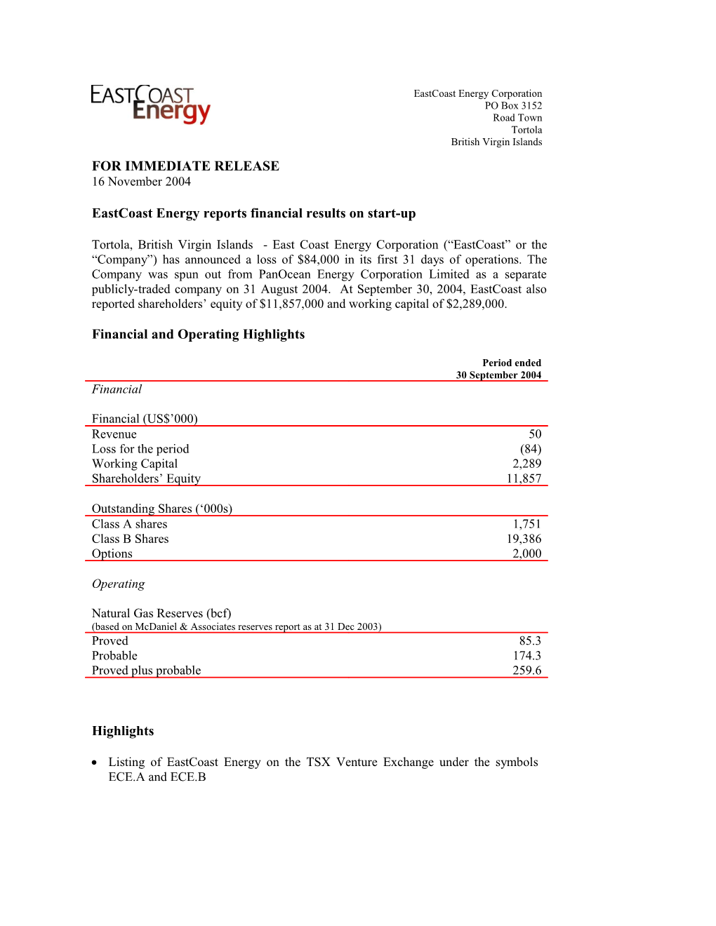 Eastcoast Energy Reports Financial Results on Start-Up