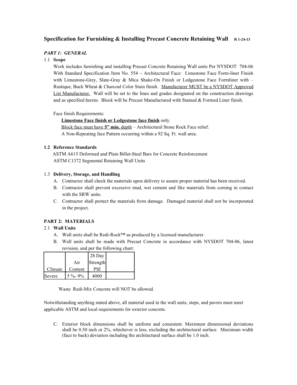 Specification for Furnishing & Installing Precast Concrete Retaining Wall R 1-24-13