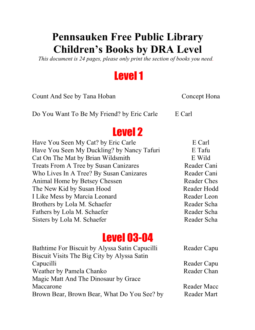 DRA Levels for Pennsauken Free Public Library Books