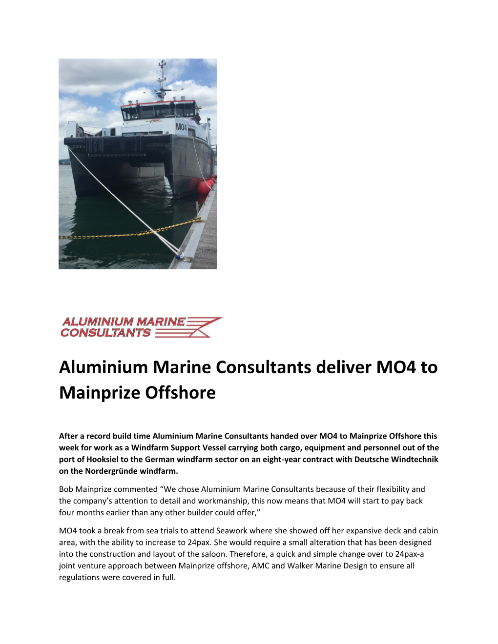 Aluminium Marine Consultants Deliver MO4 to Mainprize Offshore