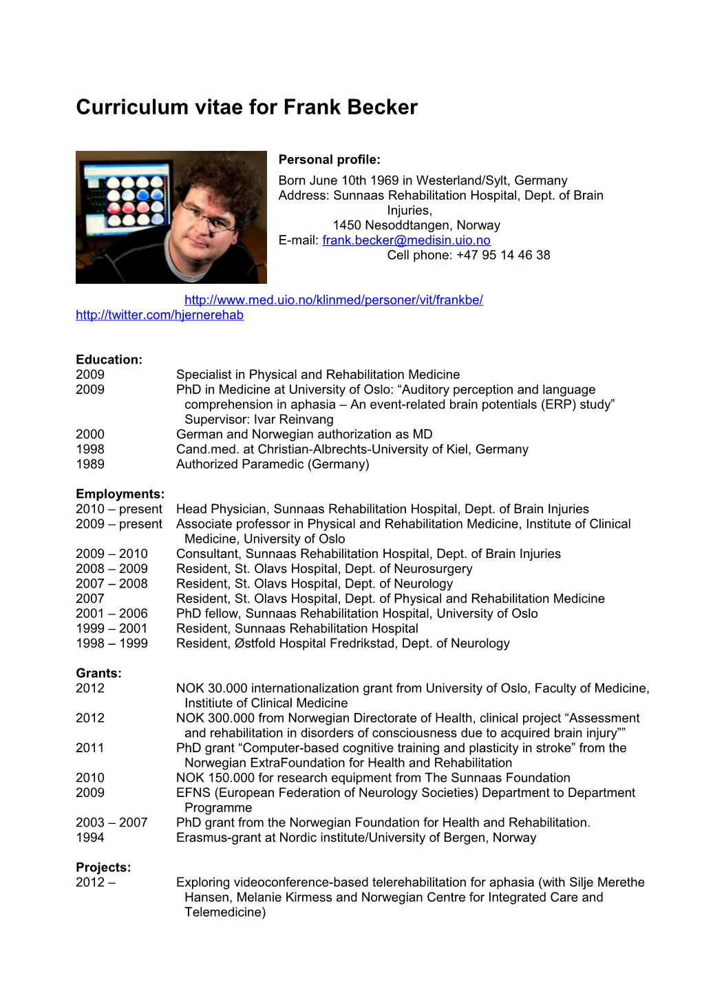 Curriculum Vitae for Frank Becker