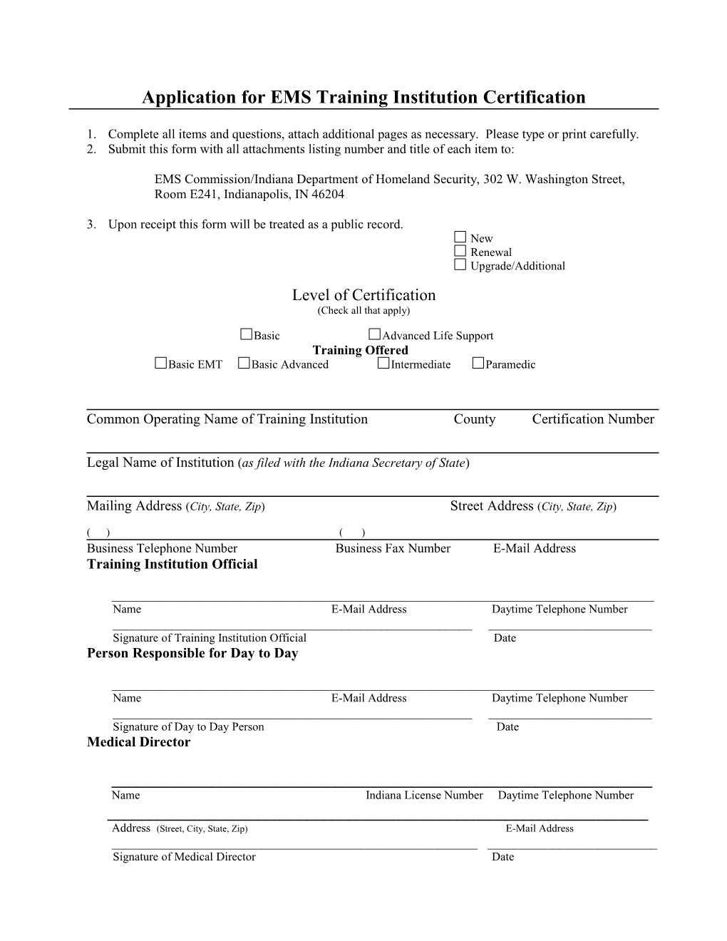 Application for EMS Training Institution Certification