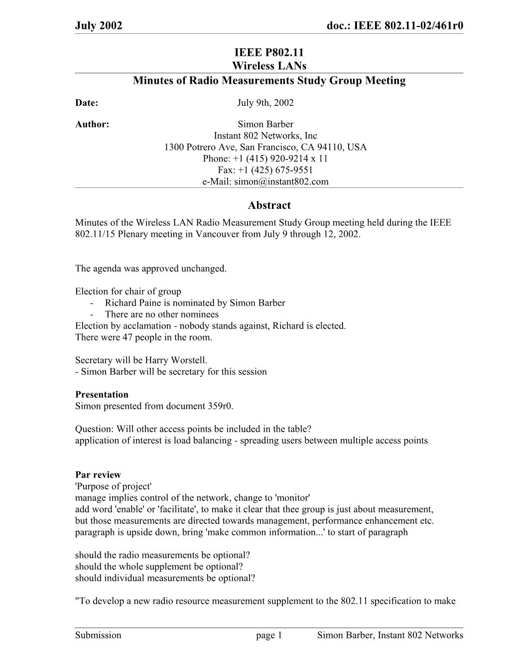 Minutes of Radio Measurements Study Group Meeting