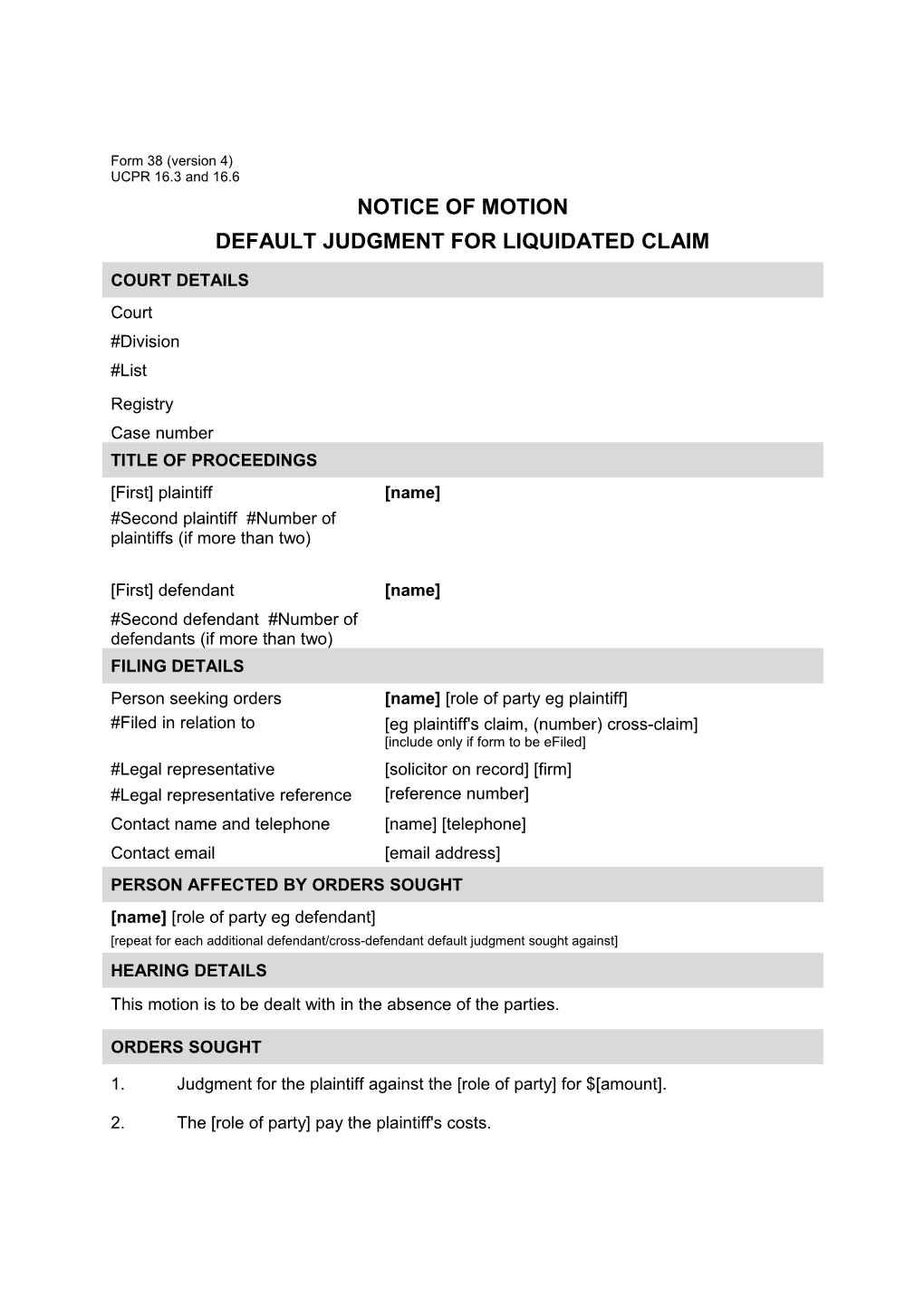 Form 38 - Notice of Motion - Default Judgment for Liquidated Claim