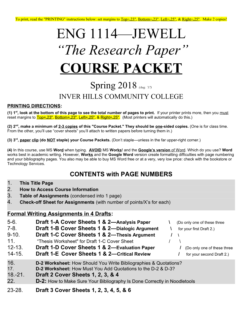 Eng 1114 Course Packet