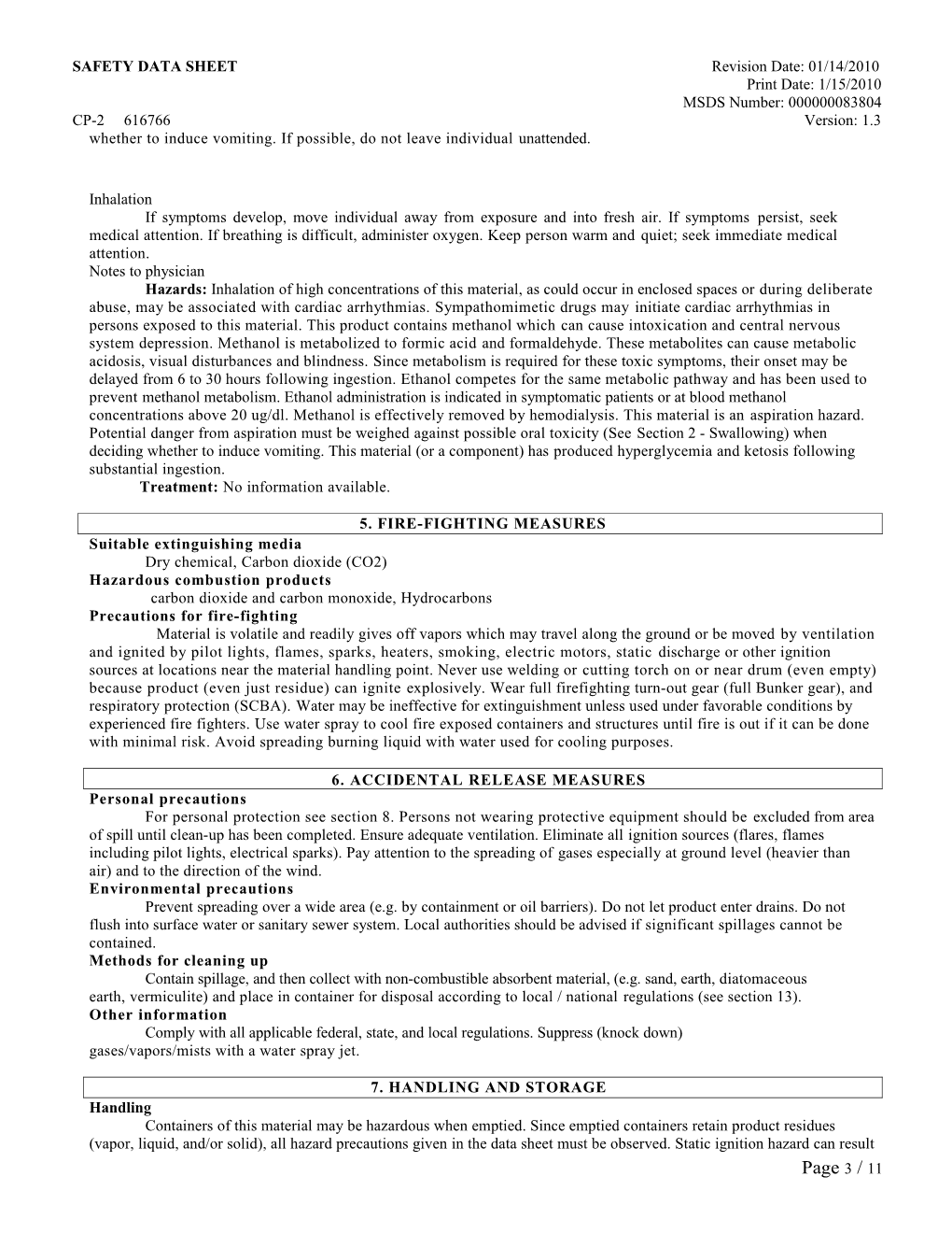 SAFETY DATA SHEET Revision Date: 01/14/2010