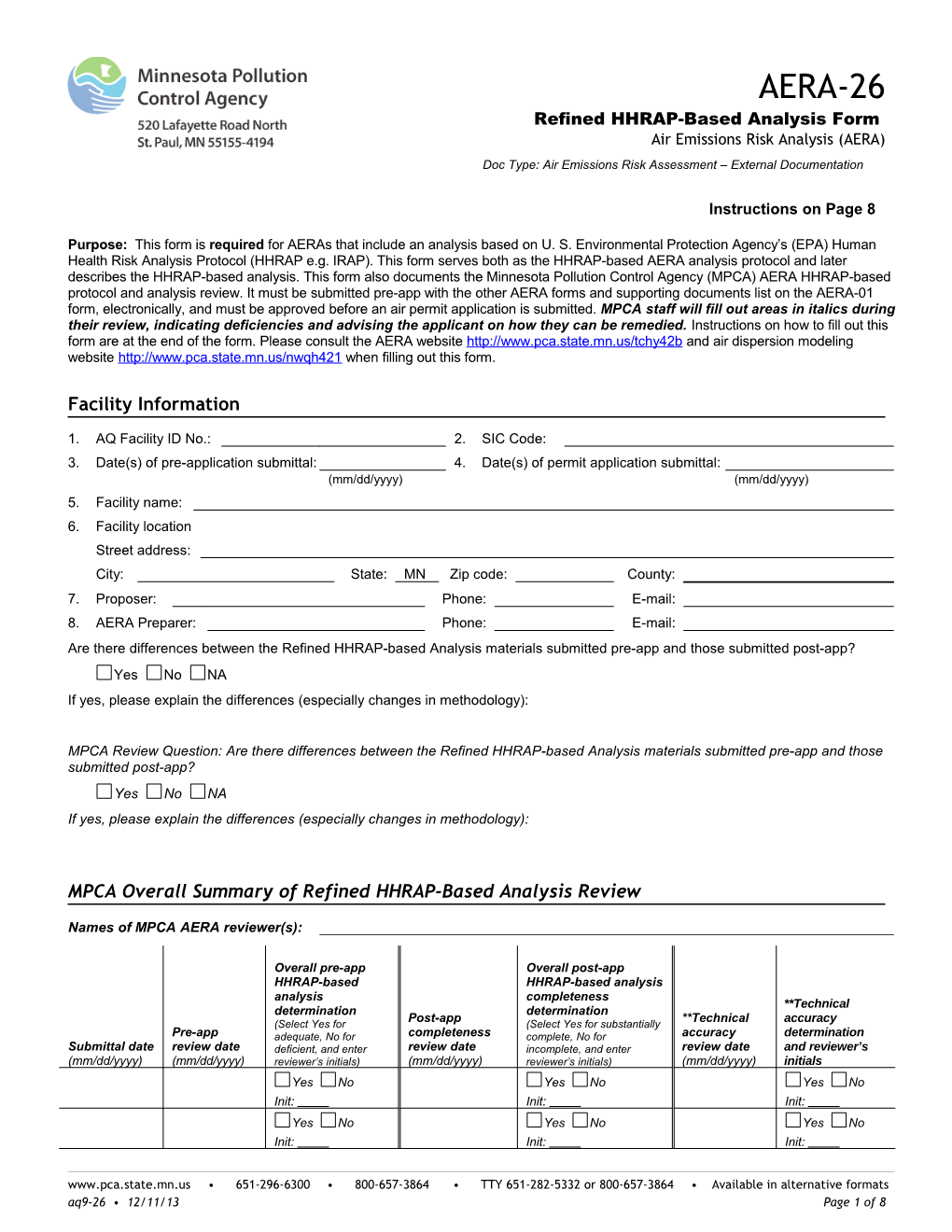 AERA-26 Refined HHRAP-Based Analysis Form - Air Emissions Risk Analysis - Form