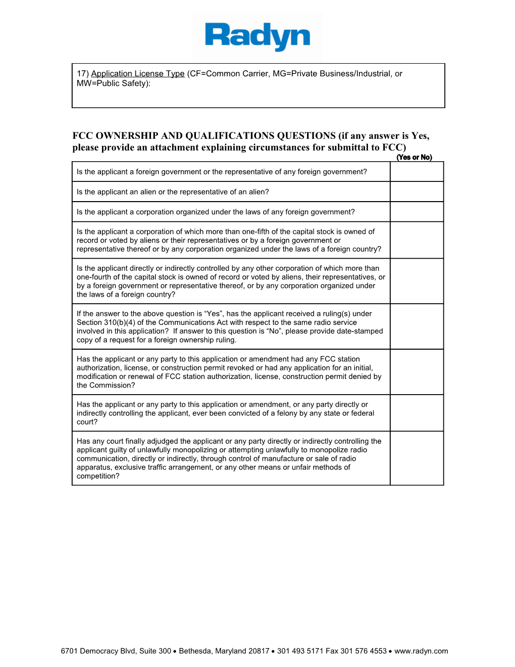 Fcc License Application Questionnaire