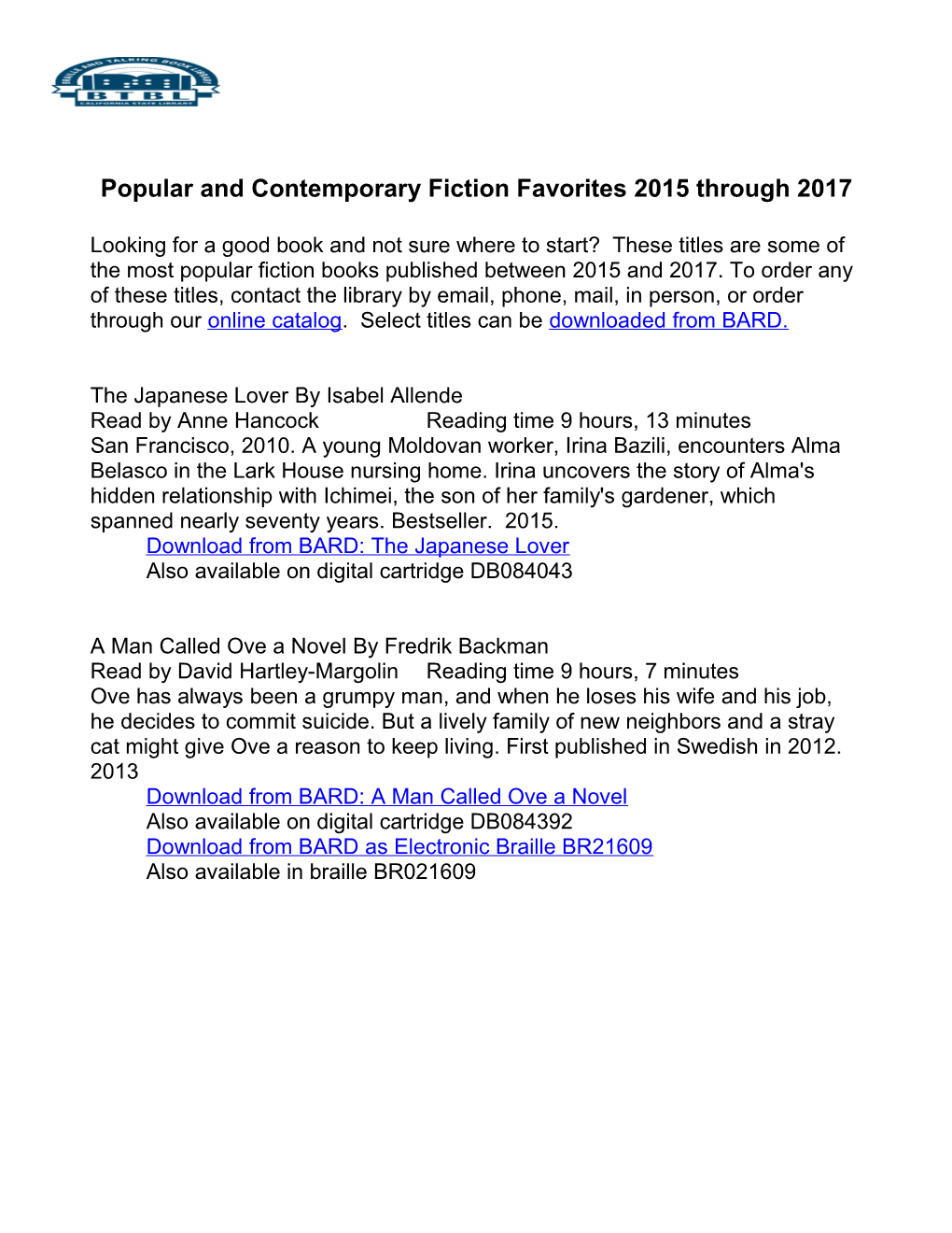 Popular and Contemporary Fiction Favorites 2015-2017