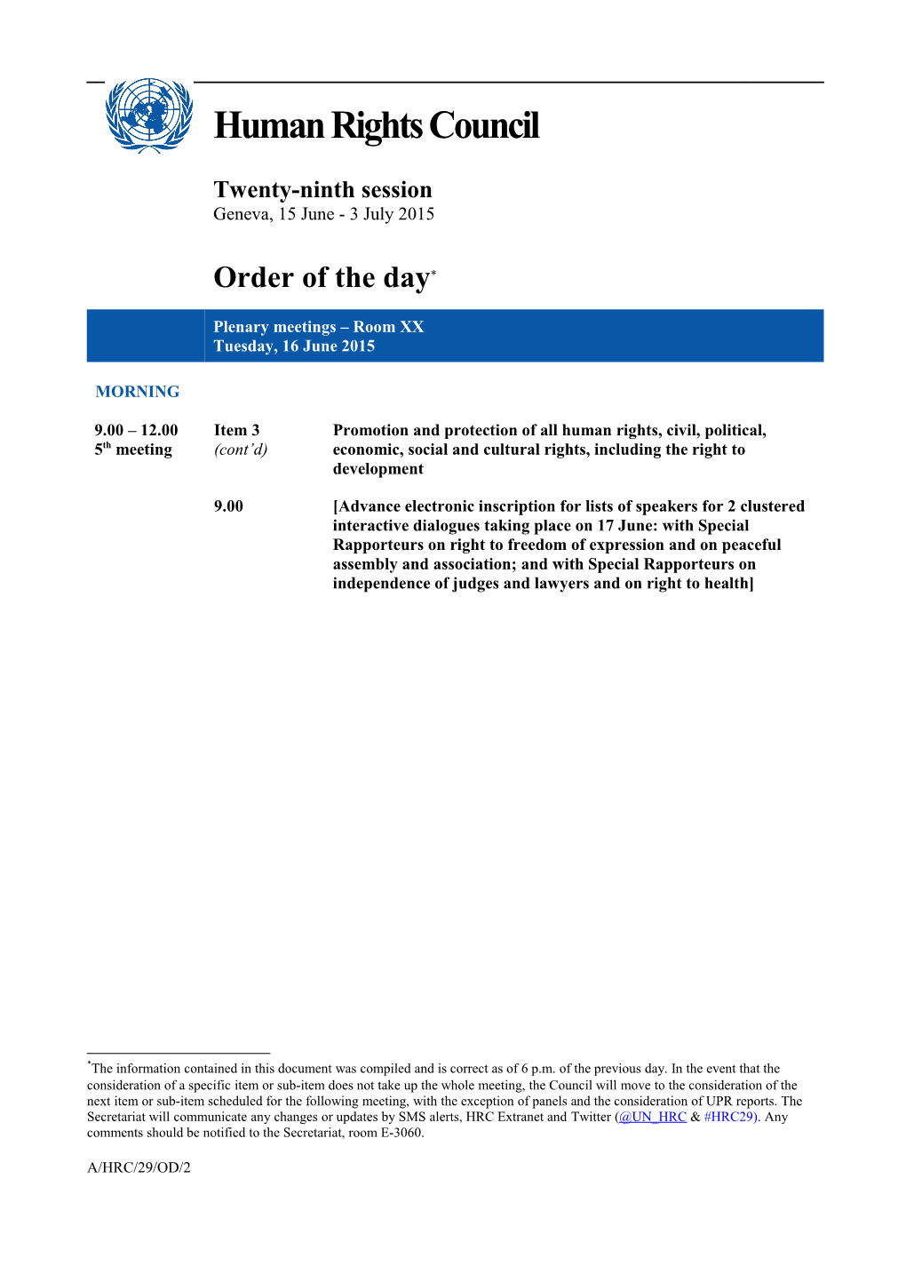 Order of the Day, Tuesday 16 June 2015 in English (Word)