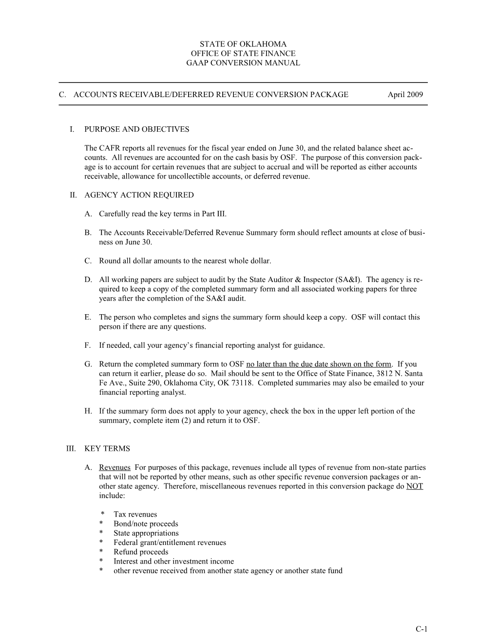 OSF Form C-1: Accounts Receivable/Deferred Revenue Conversion Package