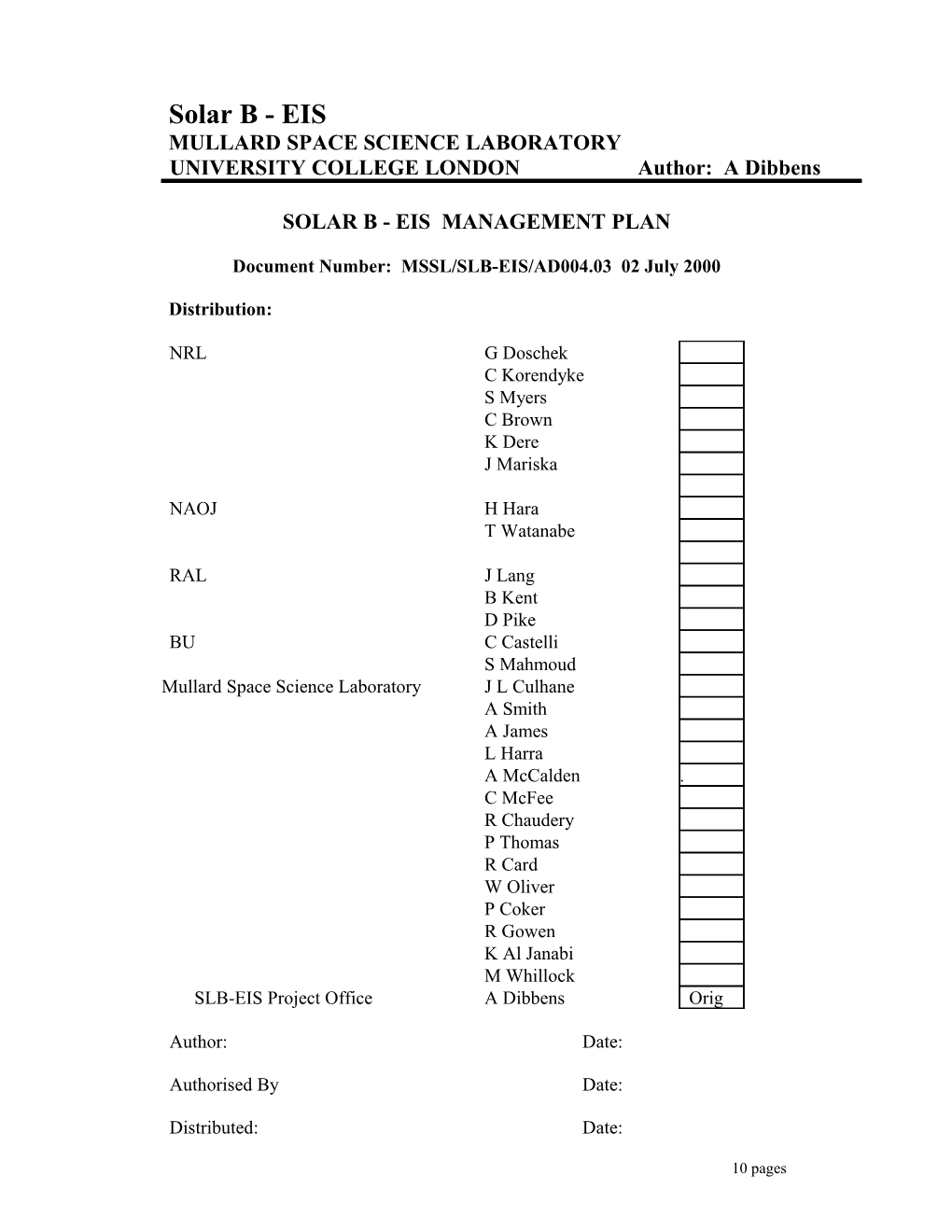 Solar B EIS Management Plan MSSL/SLB-EIS/AD004.03