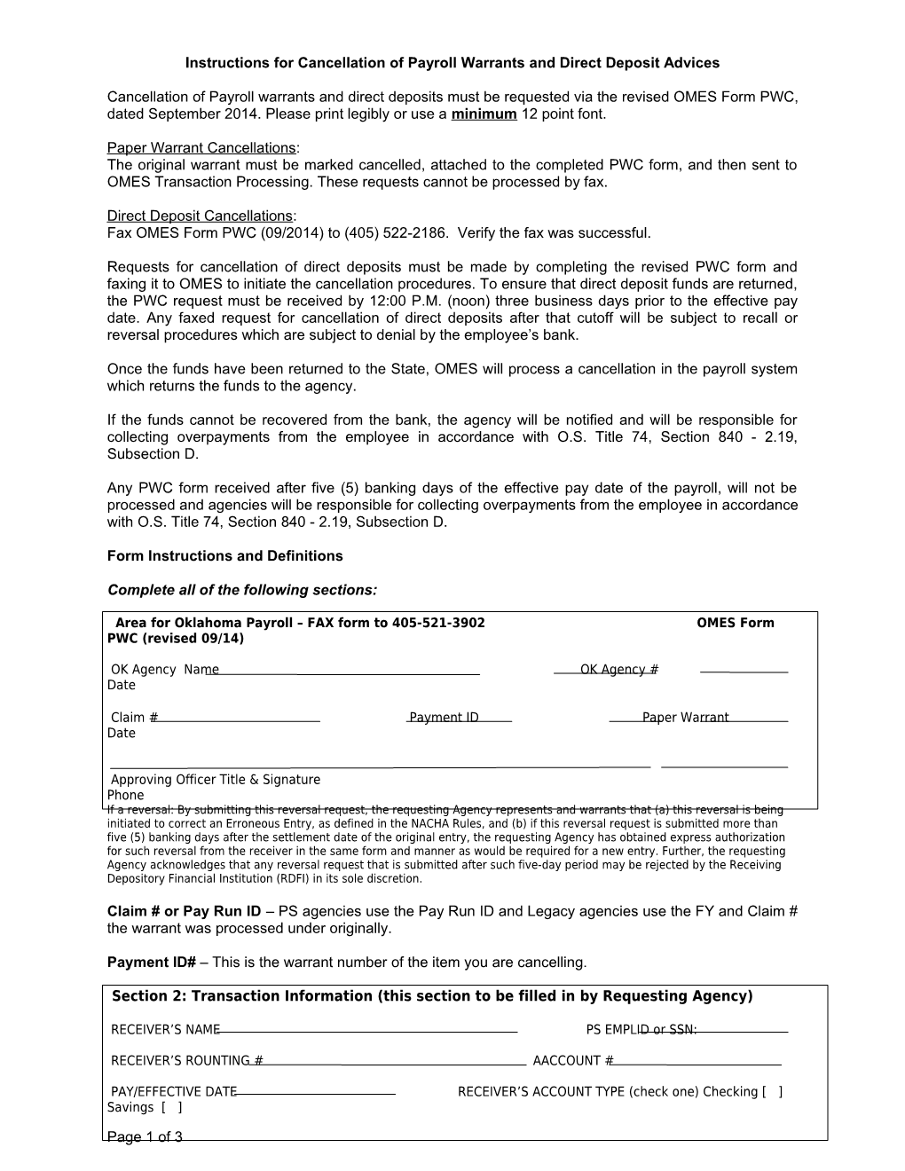 Cancellation of Payroll Warrants and Direct Deposit Advices