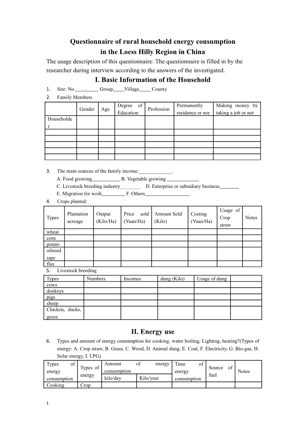Questionnaire of Rural Household Energy Consumption in the Loess Hilly Region in China