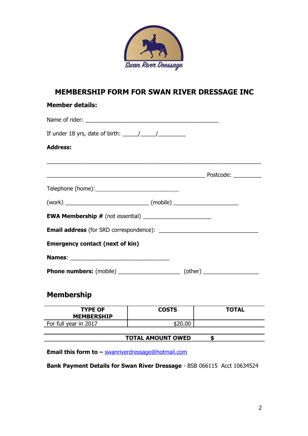 Swan River Dressage Membership Form - 2017