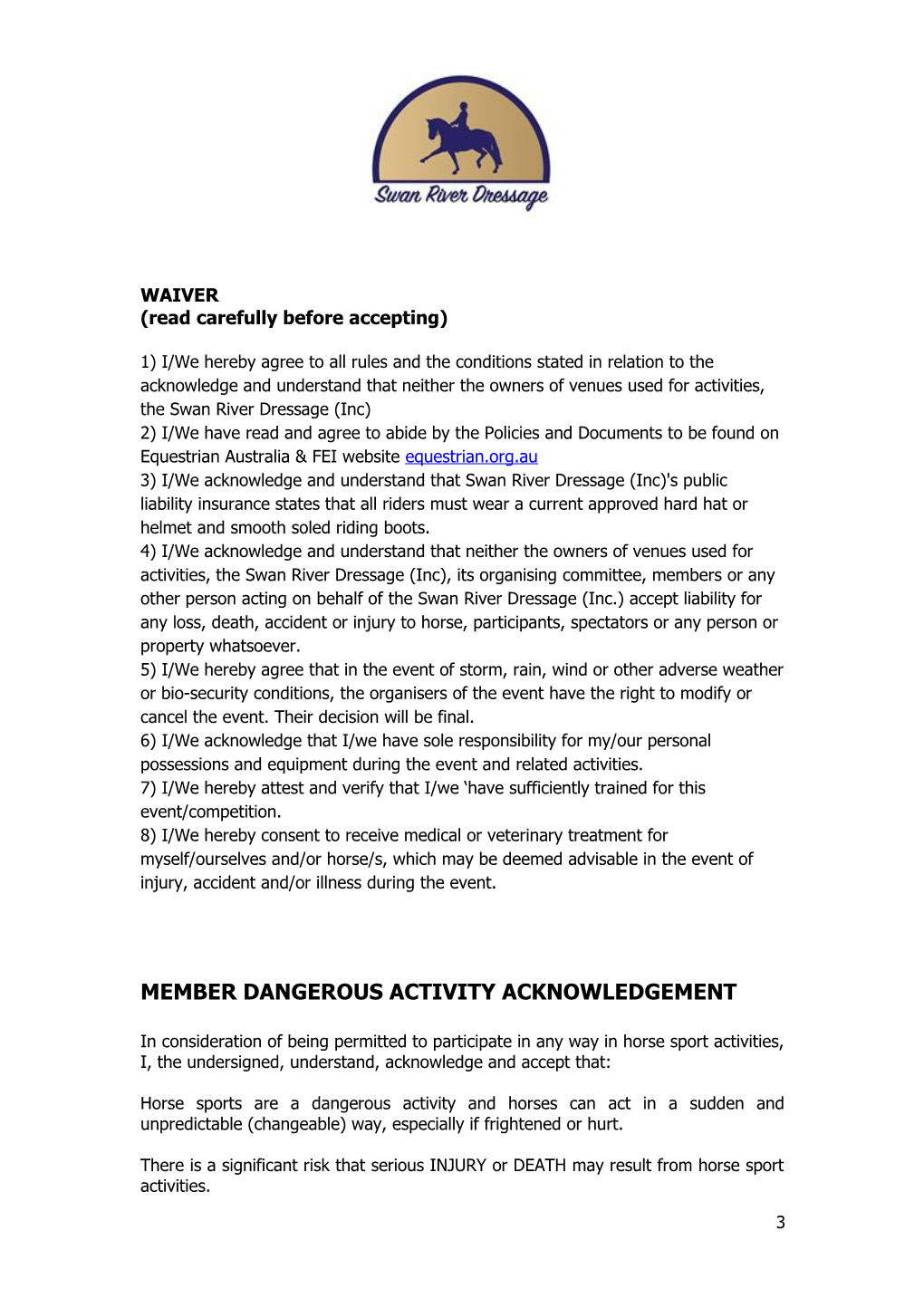 Swan River Dressage Membership Form - 2017
