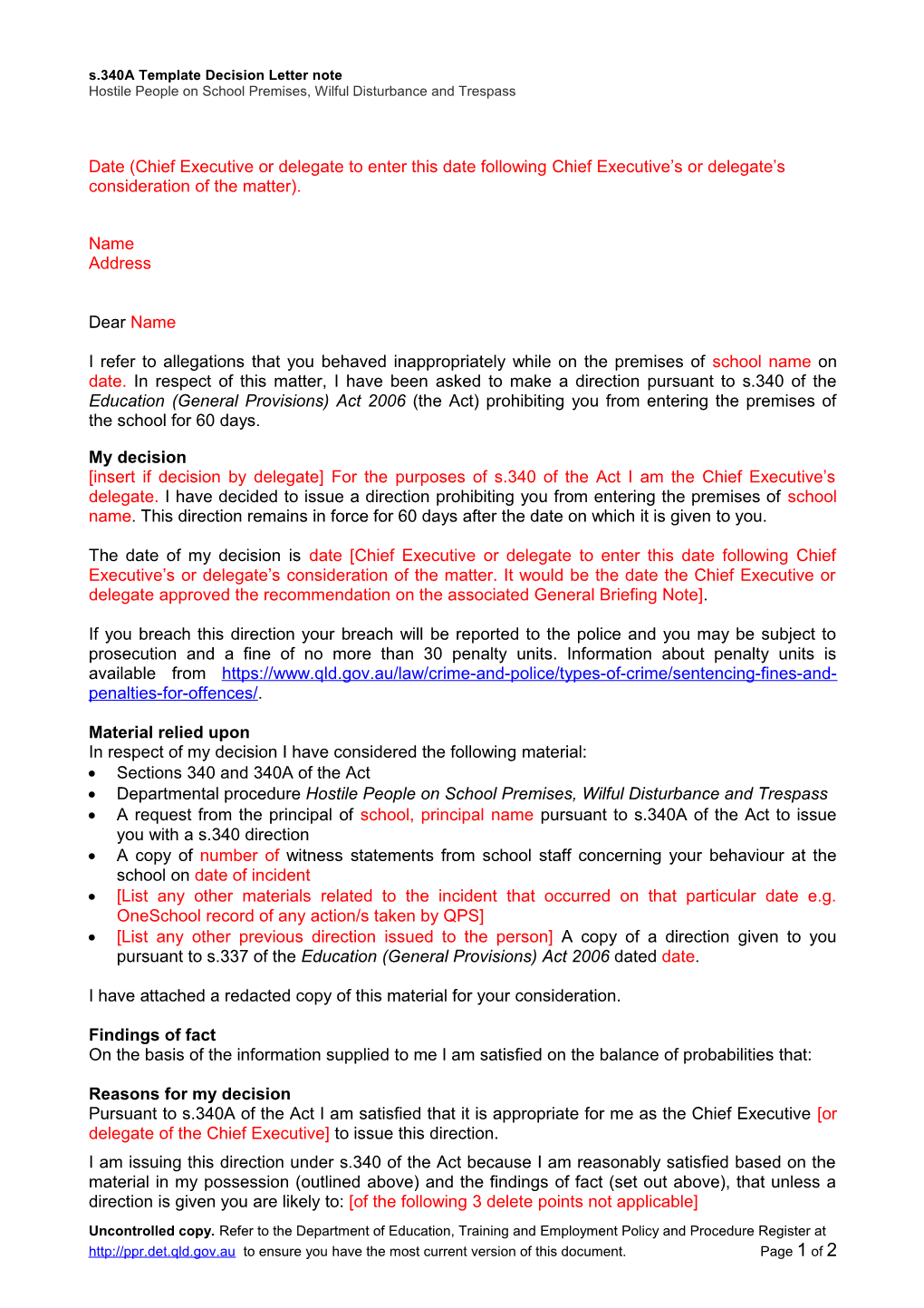 Form 340 - Template Direction Letter for 60 Day Ban