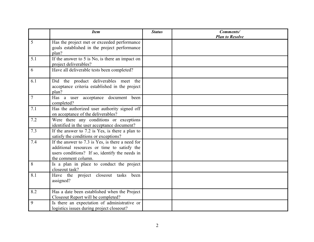 Project Planning Transition Checklist