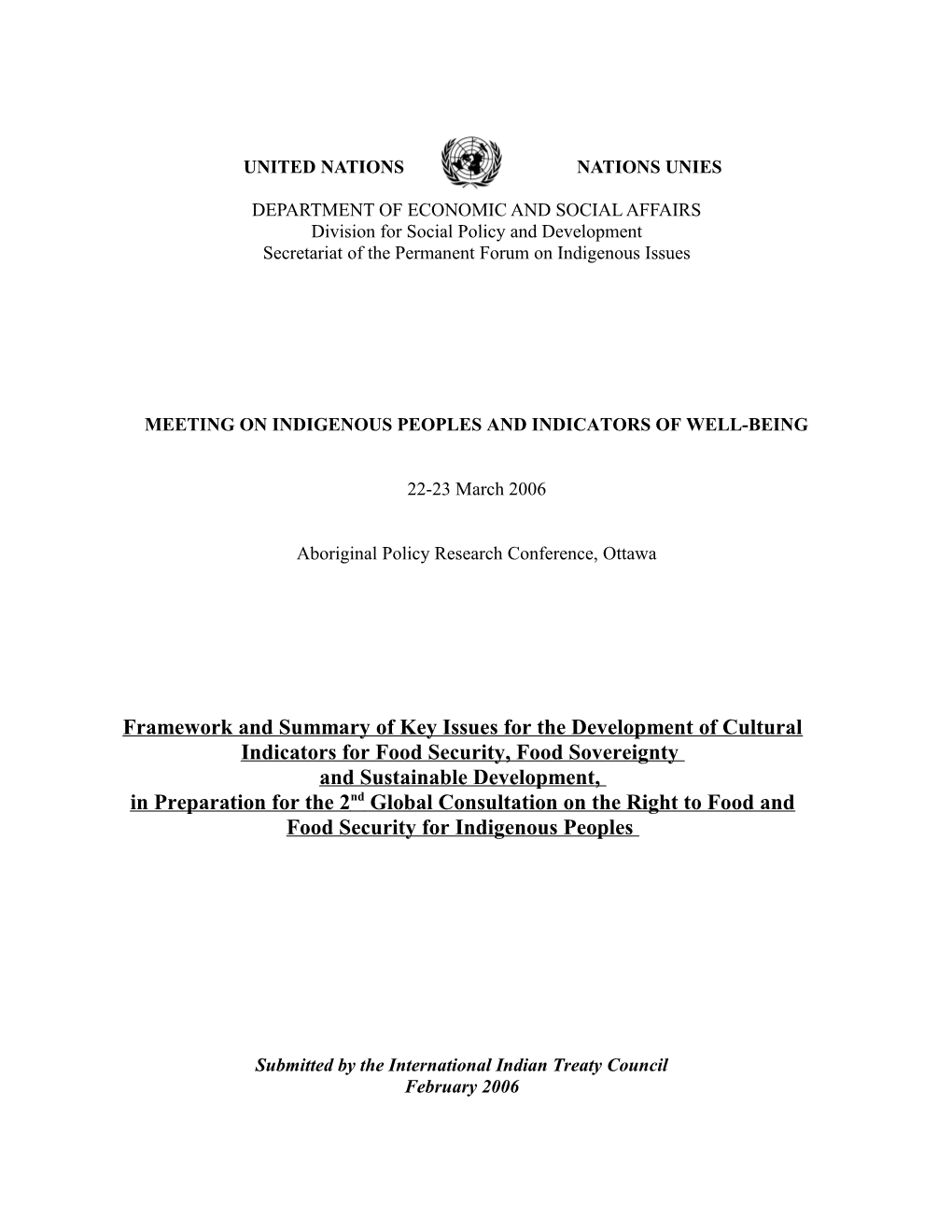 Framework and Key Issues for the Development of Cultrual Idnicatrs Or Food Security A