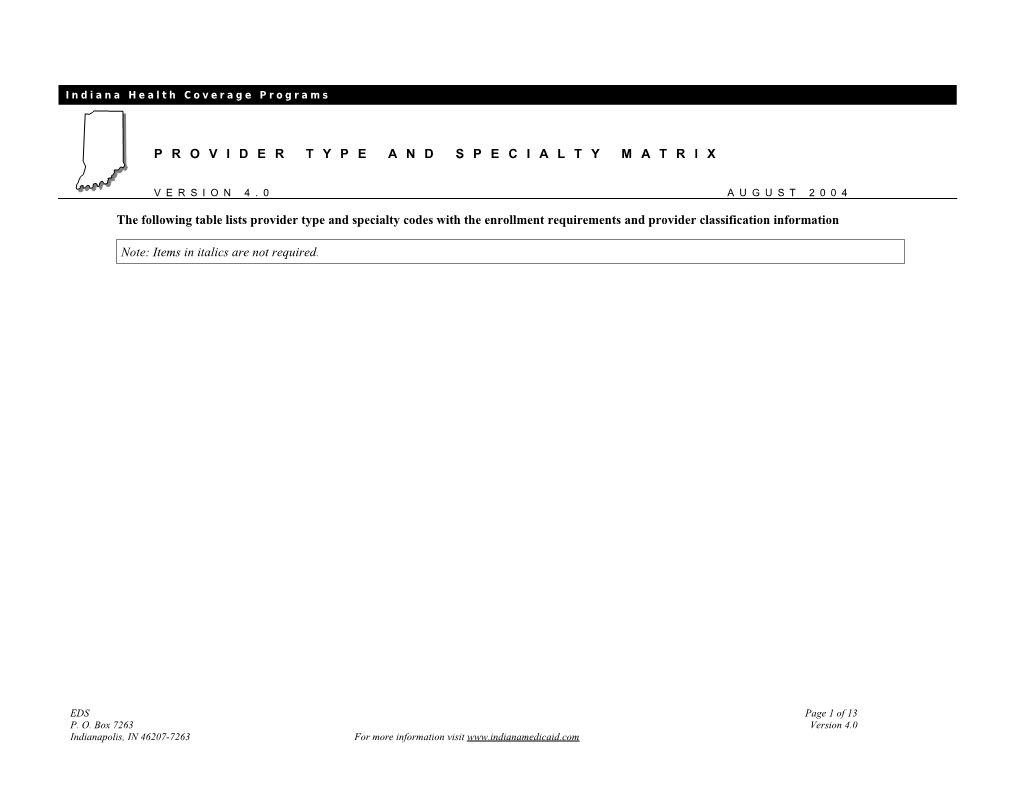 Attachment a Provider Type and Specialty Matrixaugust 2004