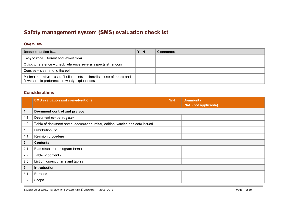 PS - Template - Evaluation of Safety Management System (SMS) Checklist - Aug 2012