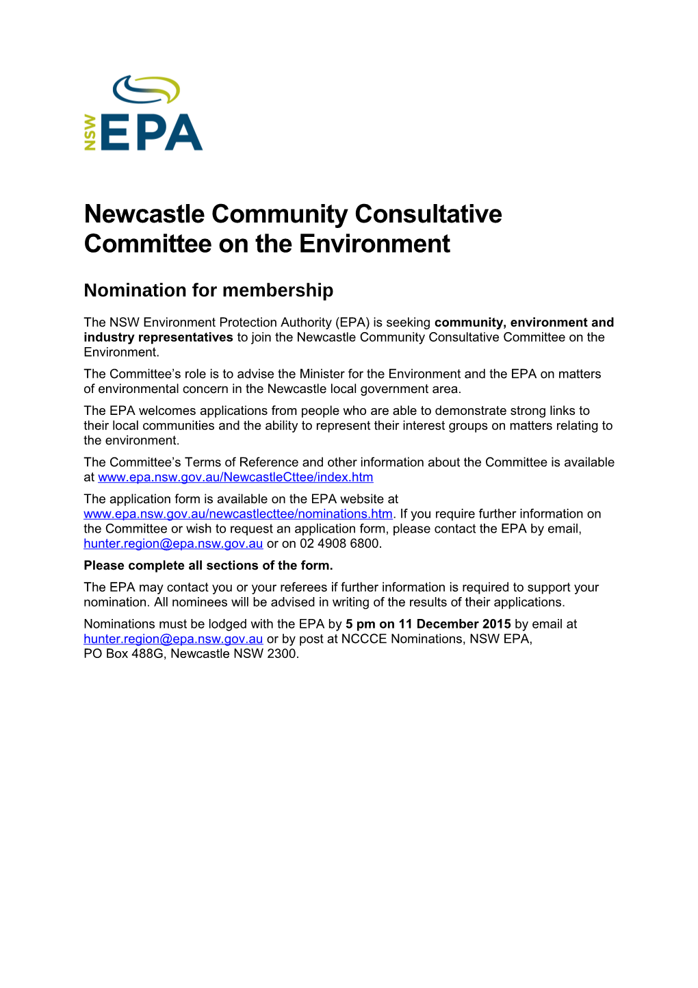 Newcastle Community Consultative Committee on the Environment: Nomination for Membership Form