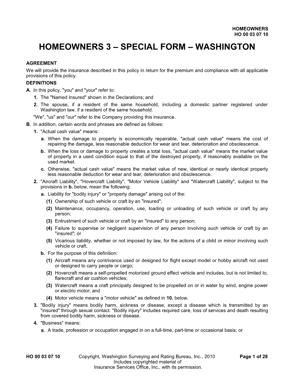 Homeowners 3 Special Form Washington