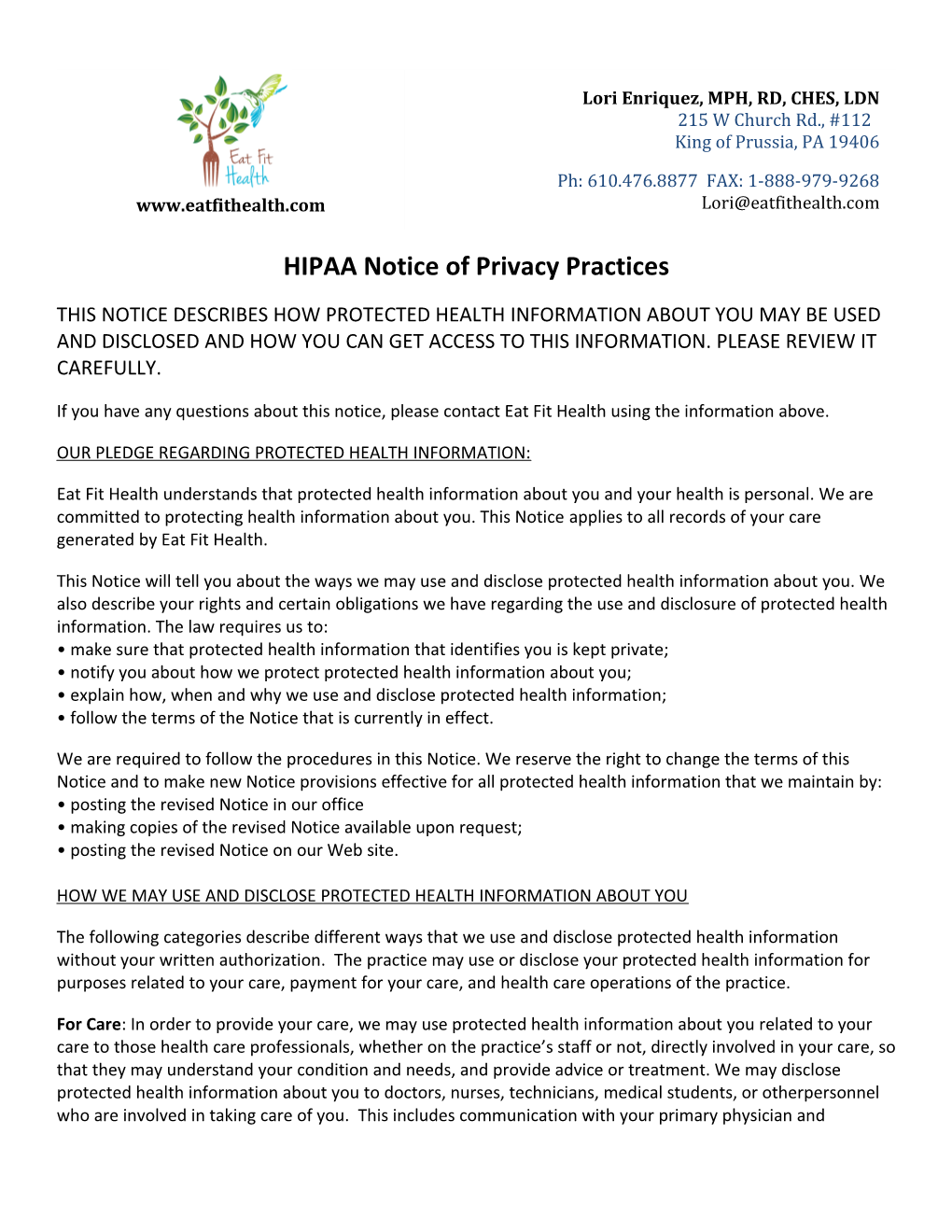 HIPAA Notice of Privacy Practices (Continued) 1 ______