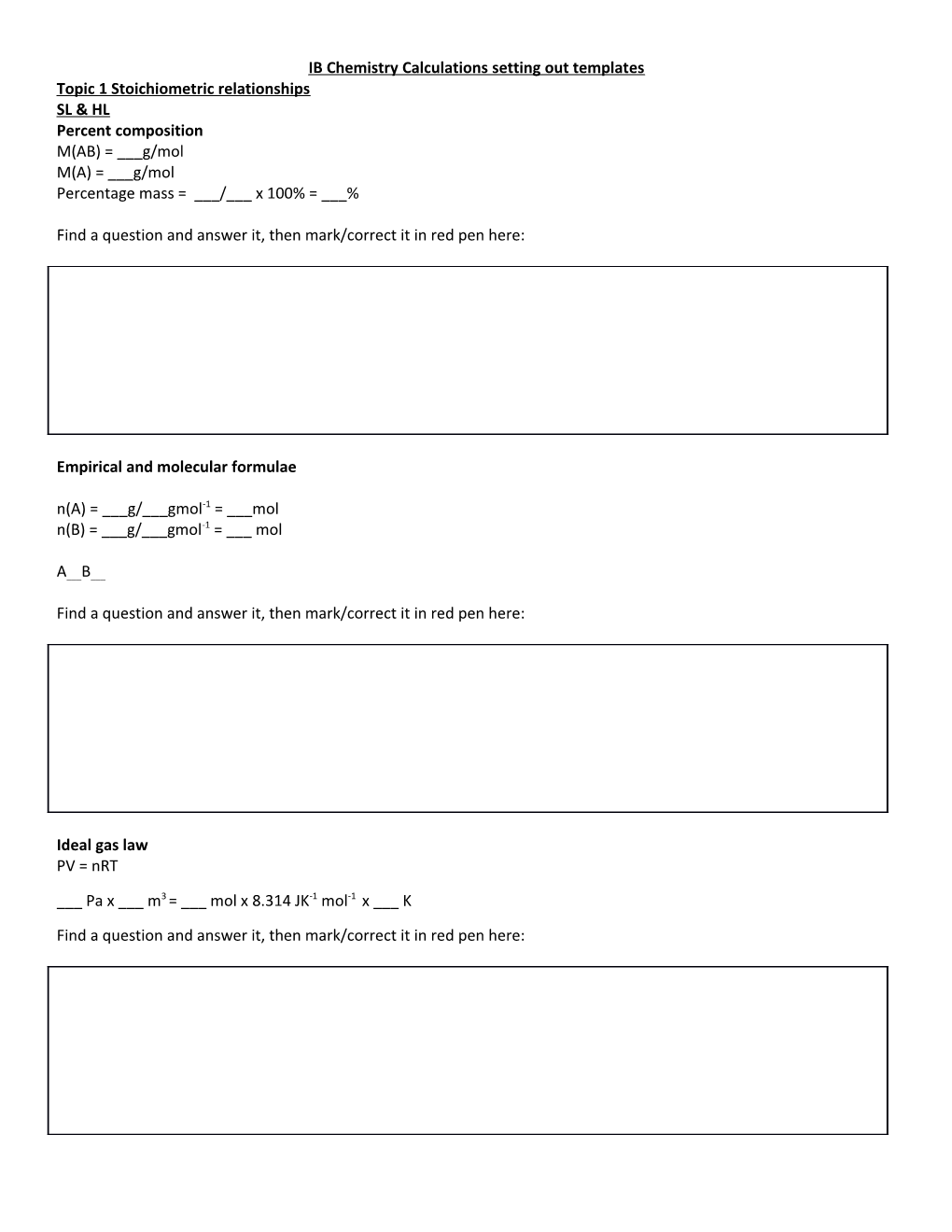 IB Chemistry Calculations Setting out Templates