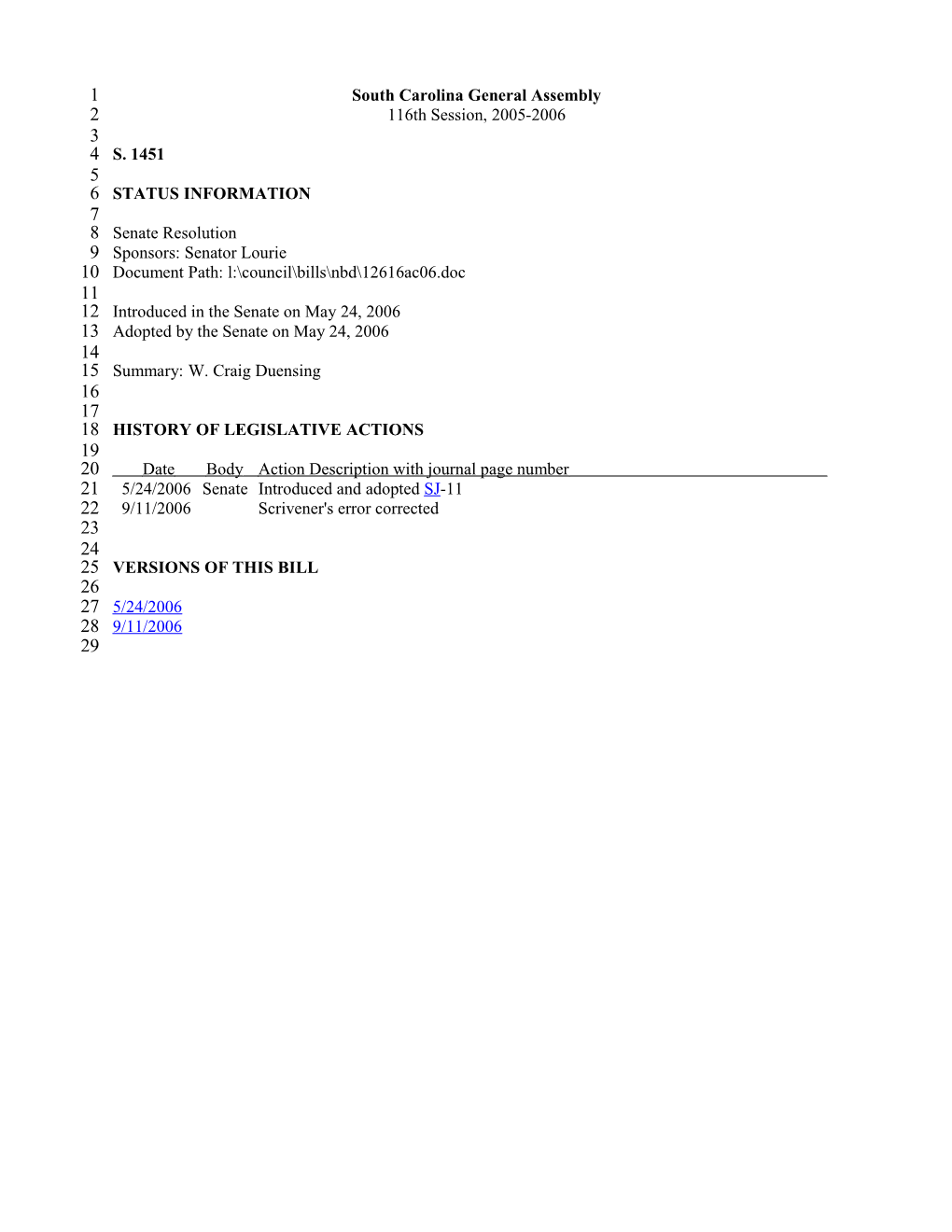 2005-2006 Bill 1451: W. Craig Duensing - South Carolina Legislature Online