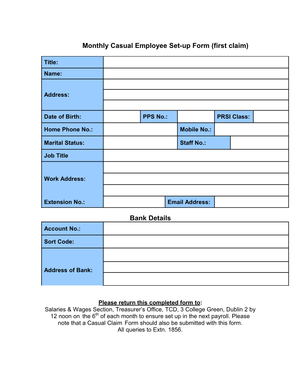 Monthly Casual Employee Set-Up Form (First Claim)