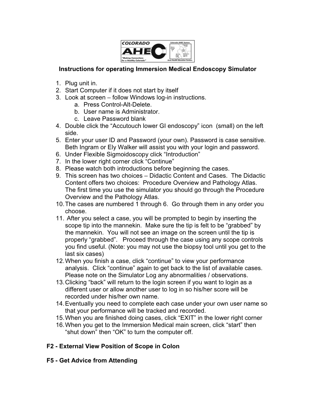 Instructions for Operating Immersion Medical Endoscopy Simulator