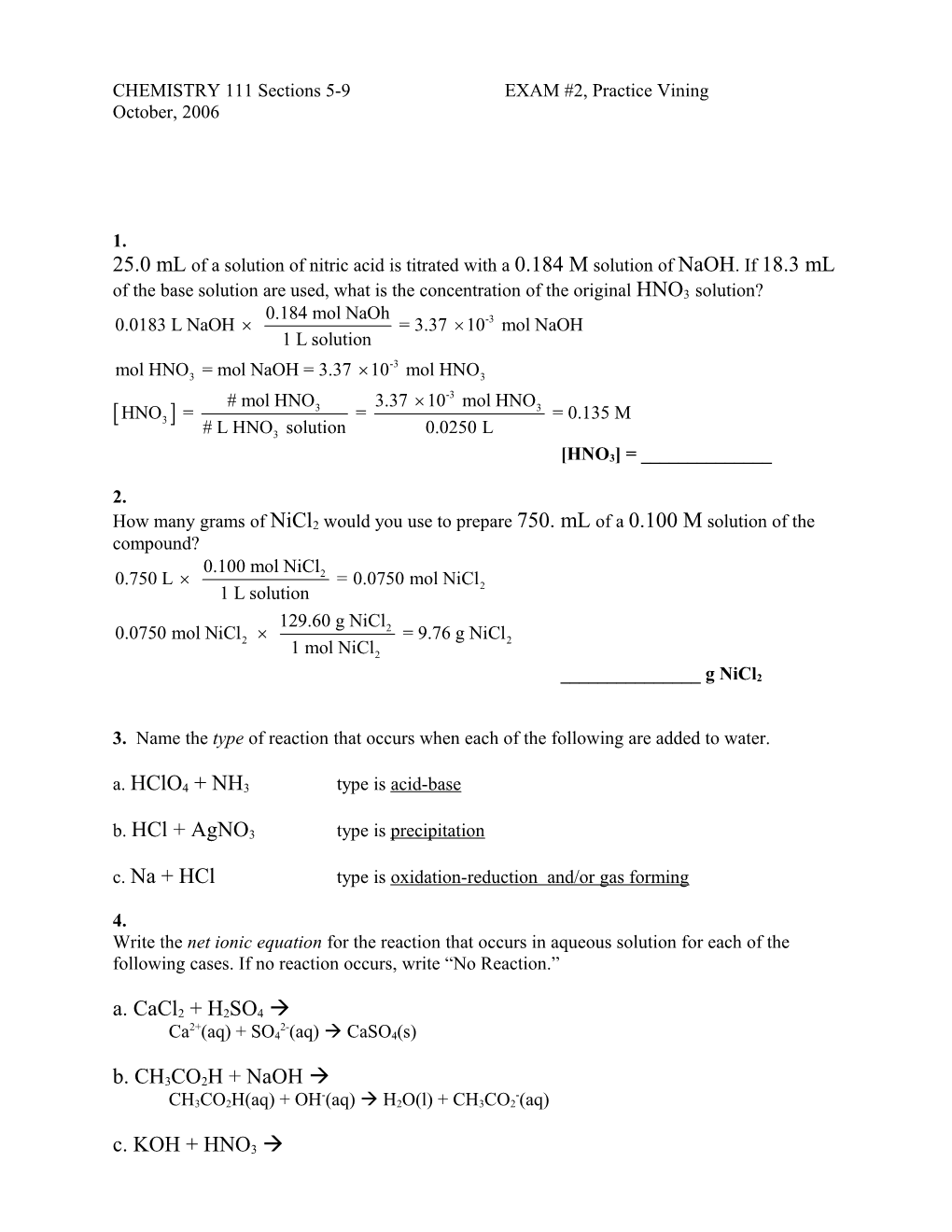 CHEMISTRY 111 Sections 5-9EXAM #2, Practice Vining