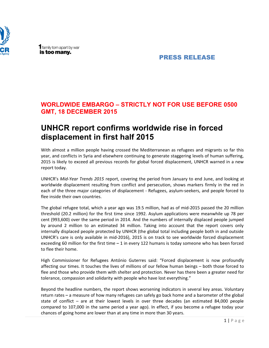 UNHCR Report Confirms Worldwide Rise in Forced Displacement in First Half 2015