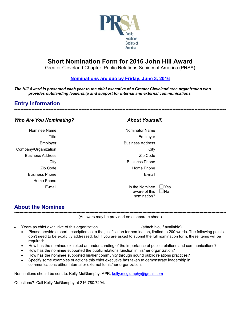 Nomination Form for 2001 John Hill Award