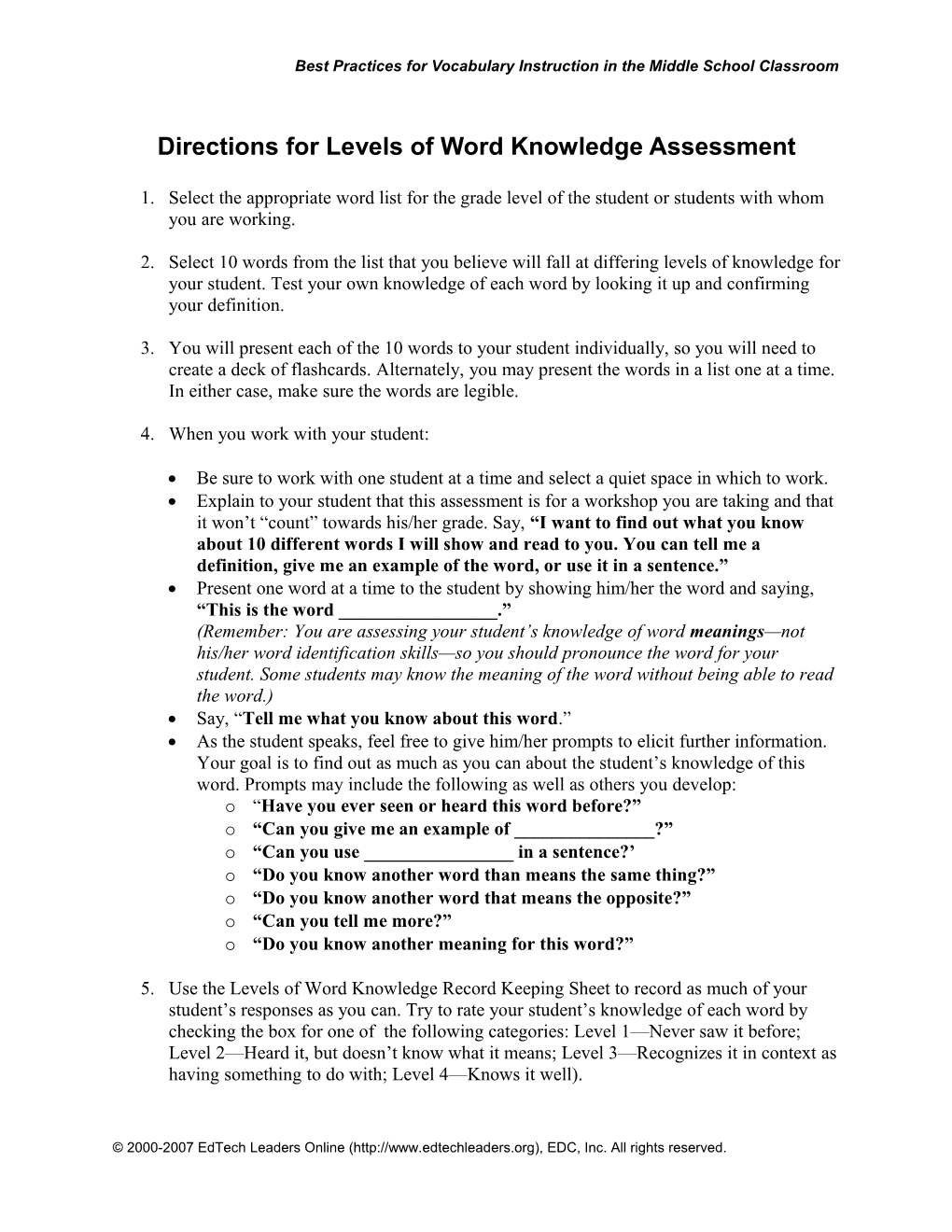 Directions for Levels of Word Knowledge Assessment
